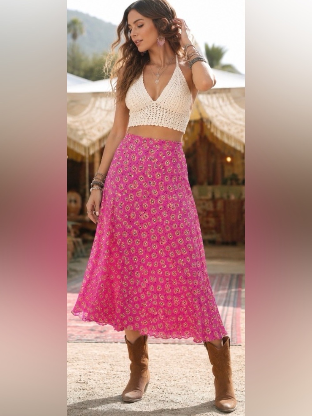 Zara Pink Colorful Geometric Crinkle Midi Skirt Size M Flowy Boho Y2K Festival
